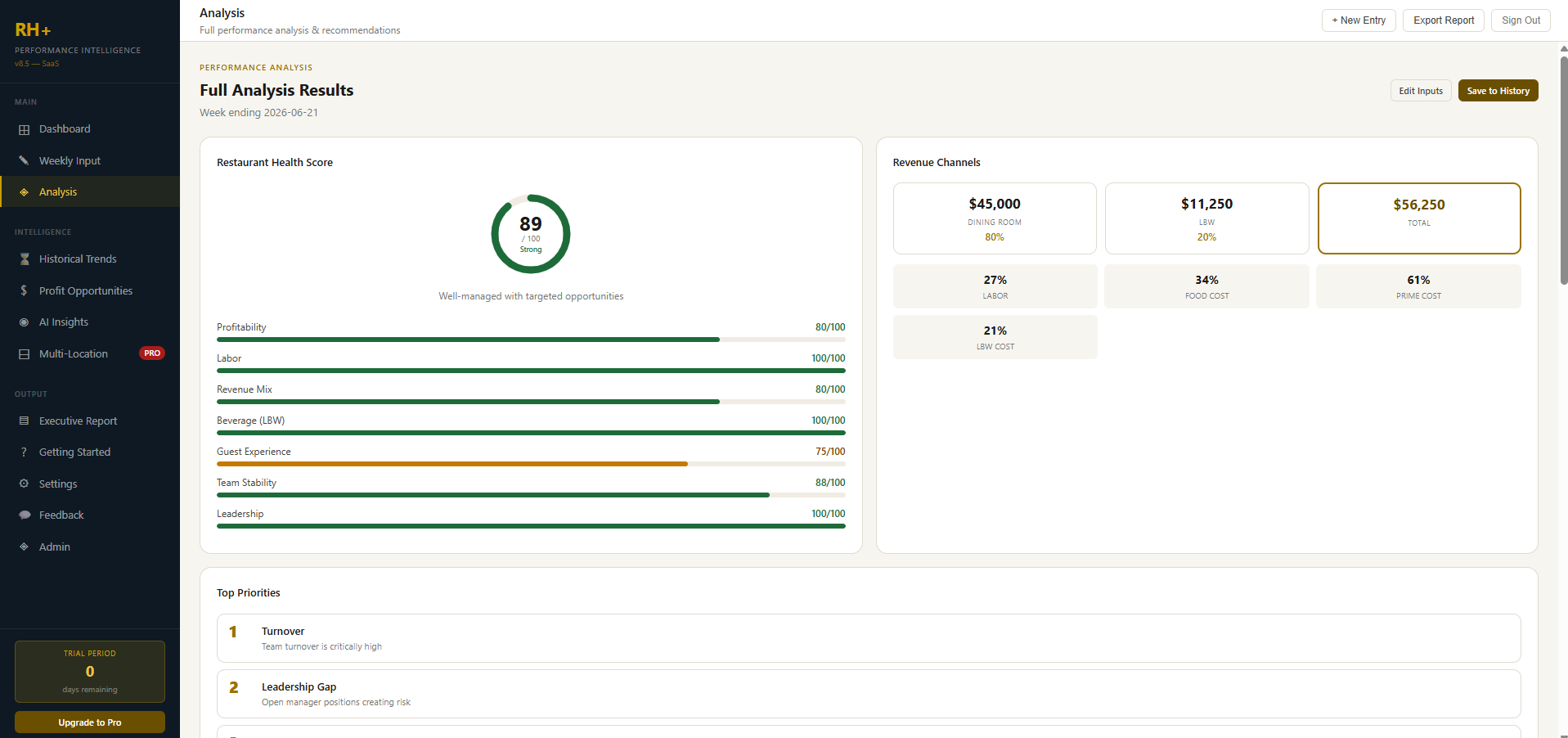 A real RH+ Analysis screen — operational score, department scores, revenue channels, and top priorities