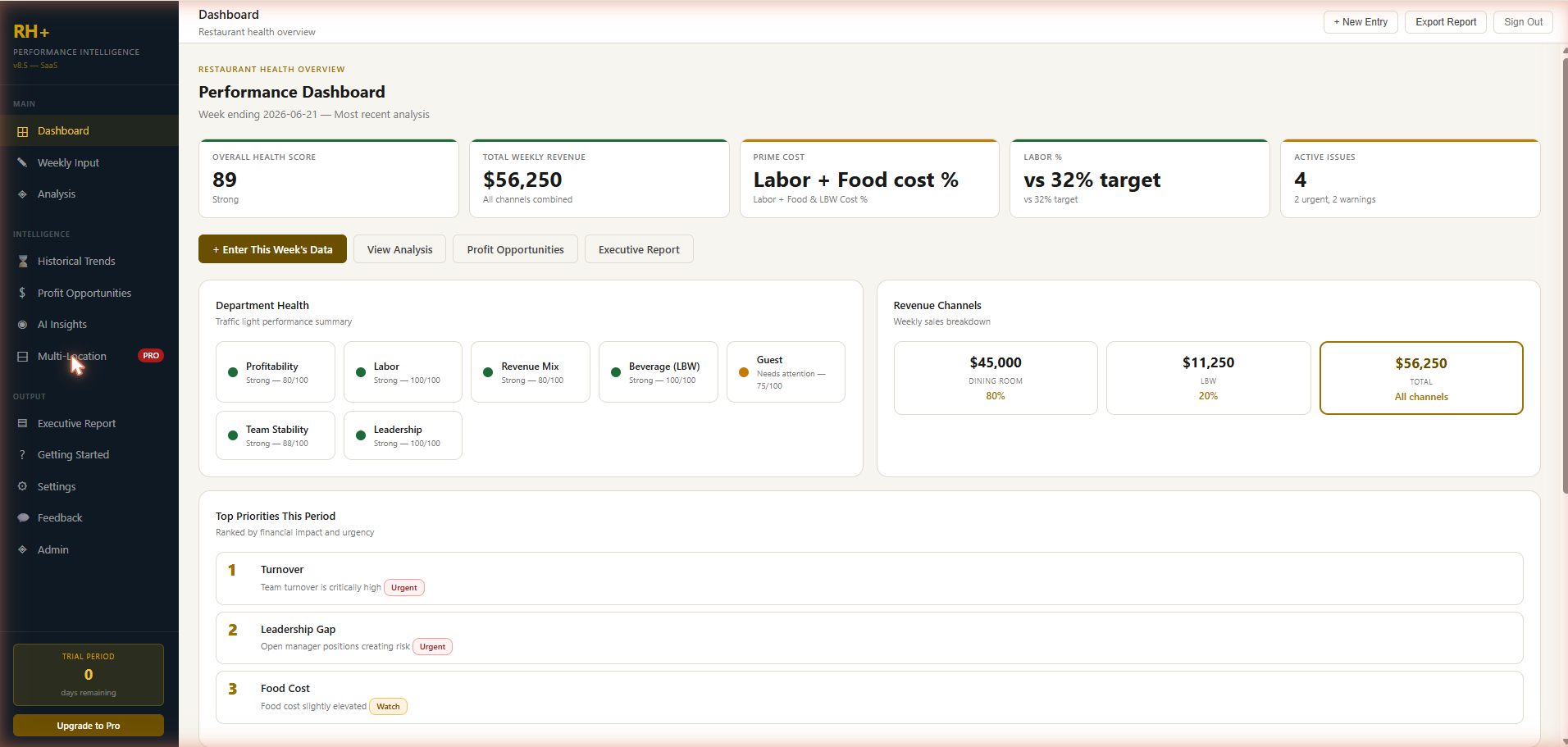 A real RH+ member dashboard — operational score, department health, revenue channels, and top priorities